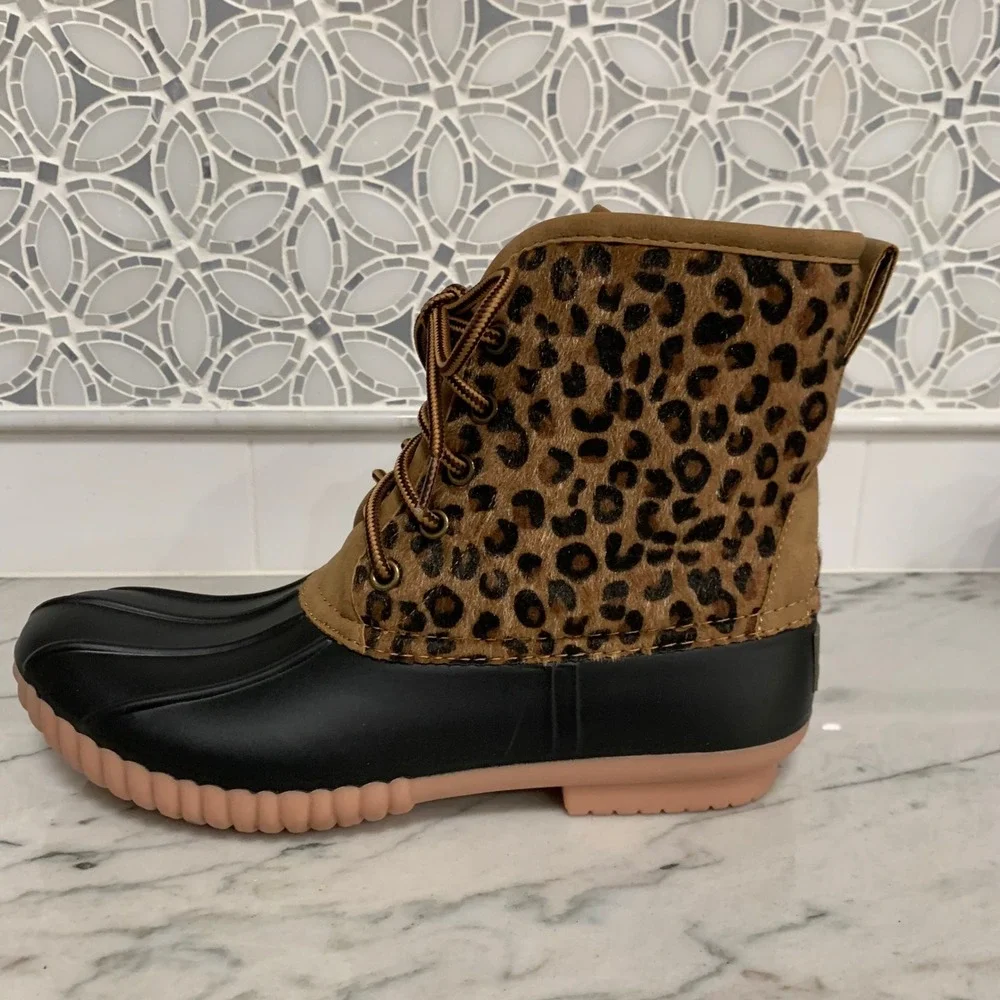 Marleylilly Women's Leopard‎ Print Duck Boots Waterproof Faux Fur Size 8